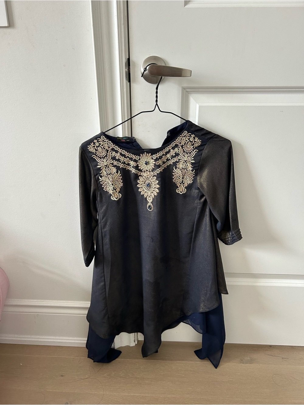 Limelight Navy Blouse with Gold Embroidered Neckline